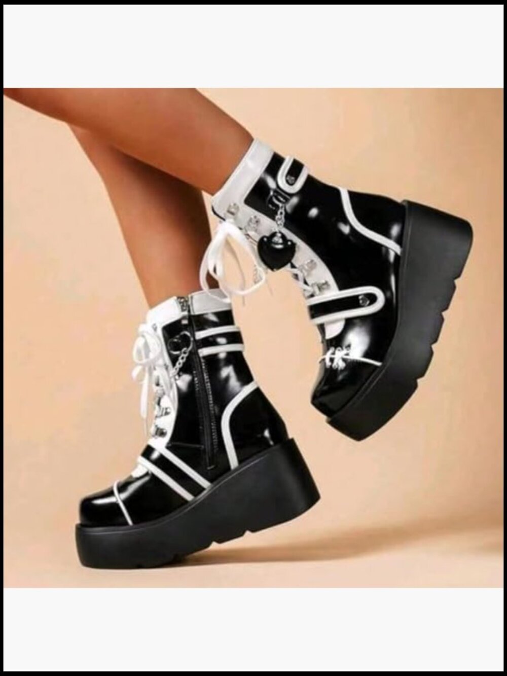 Chunky High Heel Lace Up Punk Motorcycle Combat Boots with Chain - Picture 2 of 7